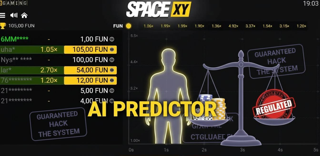 An AI predictor contrasted with legal scales and casino symbols